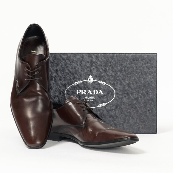Prada Brown Spazzolato Leather Lace-Up Derbies - Picture 12 of 12